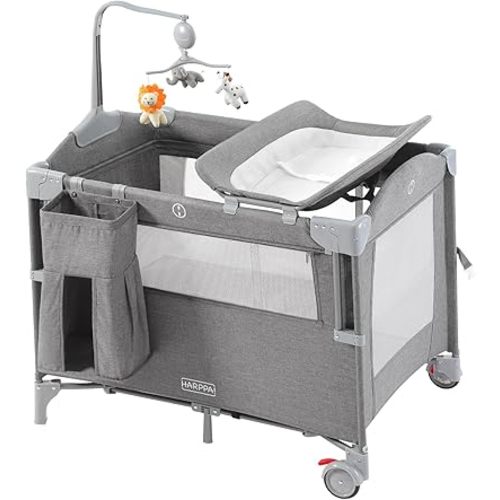 HARPPA Pack and Play 5 in 1, Portable Baby Playard for Travel, Baby Bassinet Bedside Sleeper with Mattress, Rolling Bassinet for Infant, Pack n Play with Changing Table, Baby Bed, Crib(Gray)