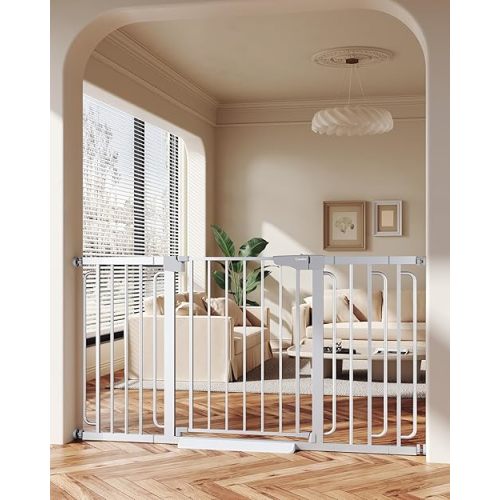 Cumbor 29.7-57" Extra Wide Baby Gate for Stairs, Mom's Choice Awards Winner-Dog Gate for Doorways, Pressure Mounted Walk Through Safety Child Gate for Kids Toddler, Tall Pet Puppy Fence Gate, Silver