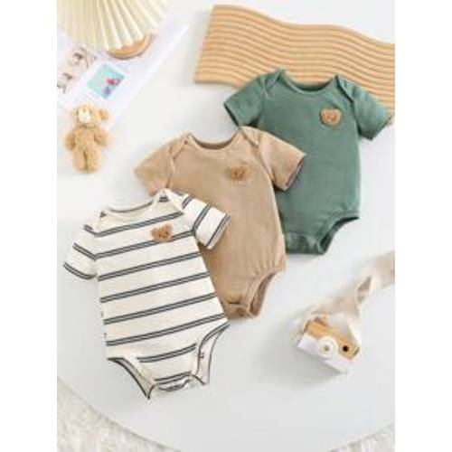 SHEIN 3pcs/Set Newborn Baby Boy/Girl Casual Sport Cute Bear Badge Loose Knitted Striped & Solid Color Short Sleeve Jumpsuit, Suitable For Home & Outdoor Wear | SHEIN USA