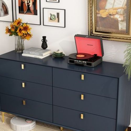 Hitow Blue 6 Drawer Storage Horizontal Dresser Minimalist Chest Of Drawers Metal Base