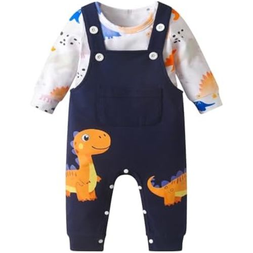 Newborn Baby Boys Outfits Infant Romper Dinosaur Print Overall Adjustable Suspenders Pants Bodysuit 2pcs Set