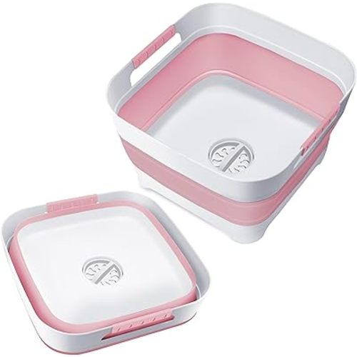 2.4 Gal Collapsible Wash Basin with Drain Plug, Space-Saving Multiuse Foldable Bucket, Portable Sink Tub, 9L Dishpan for Flush Pump Parts, Ice Beverage Tubs for Camping, Vegetable Washing, RV (Pink)