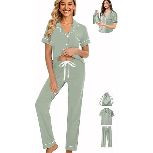 Womens 3Pcs Pajamas Set Soft Pajama Sets Button Down Pjs Set Knit Sleepwear Lounge Sets with Long Pants XS-XXL