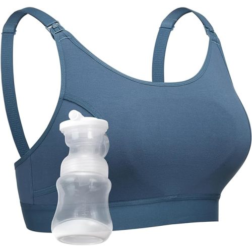 Momcozy Hands Free Pumping Bra, Adjustable Breast-Pumps Holding and Nursing Bra, Pumping & Nursing Bra in One - Blue - X-Large