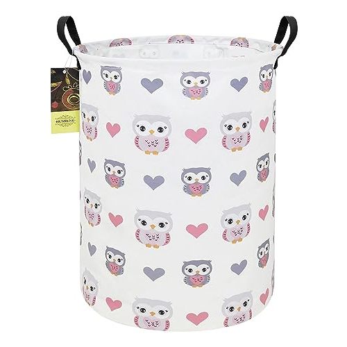 HUNRUNG Laundry Hamper,Large Canvas Fabric Lightweight Storage Basket Toy Organizer Dirty Clothes Collapsible Waterproof for College Dorms（Round-Love Owl）