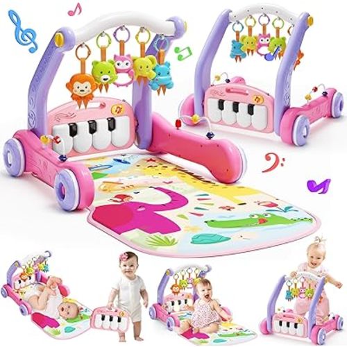 2 in 1 Baby Gym Play Mat with Walker, Kick and Play Piano Gym Activity for Boys Girls, Musical Activity Center Tummy Time Mat for 0-3-6-12-18 Months, Learning Walker Play Gym for Infant Toddler Gift