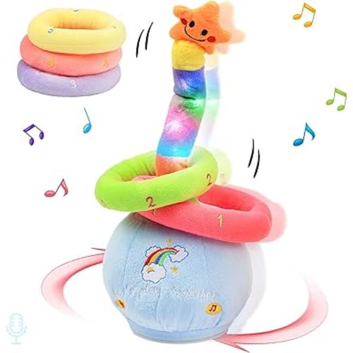 Hopearl Catch Me Ring Toss Toy Musical Dancing Toy with 5 Rings Light up Repeat What You Said Chasing Tossing Game for Early Education Interactive Animated Gifts for Toddlers, Blue, 13''