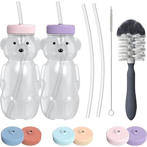Honey Bear Straw Cup for Babies, 8oz Honey Bear Cup with Bottle Brush, 2-Pack Improved Lid Therapy Learning Honeybear Straw Cup for Baby, Cherry Blossom & Unicorn