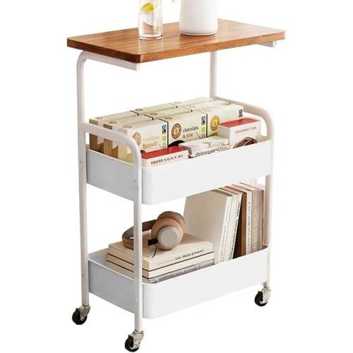 3 Tier Metal Rolling Utility Cart Functional Storage Trolley with Wooden Tabletop Mesh Baskets Wheels Organizer for Office Living Room Kitchen Bathroom Garage Tray Side Stand End Sofa Table (White)