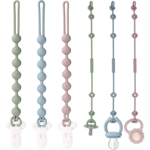 Socub 3 Pack Silicone Pacifier Clips & 3 Pack Silicone Toy Safety Straps Combo, Baby Pacifier Holder with One-Piece Design for Baby Boys and Girls, Soft Flexible Adjustable Toy Strap for Baby
