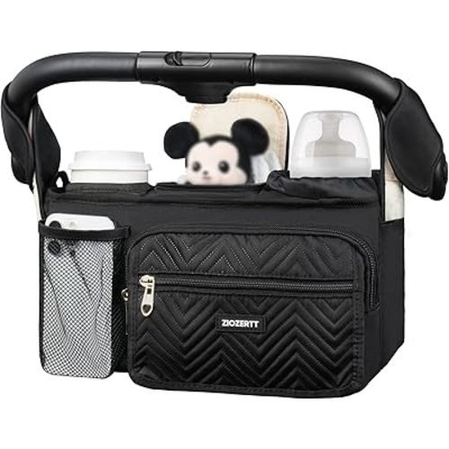 ZIOZERTT Universal Stroller Organizer with Insulated Cup Holder,Stroller Caddy Bag with Wet Wipes Pocket,Stroller Accessories Fits for Uppababy,Doona,Jogger,Britax,Mompush,BoB Strollers,Black