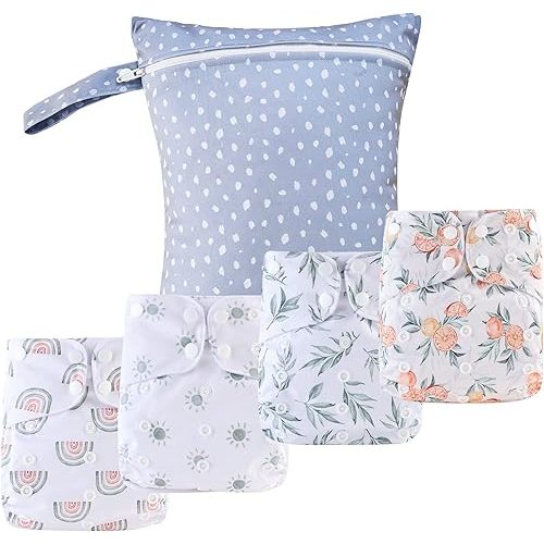 9 Sets Newborn Baby Cloth Pocket Diapers One Size Adjustable Reusable for Baby Boys and Girls(6-33 pounds,0-3 Years),One Wet Bag+4Diapers and 4Inserts