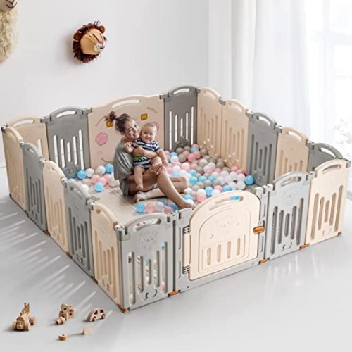 UANLAUO Baby Fence, Foldable Playpen, 18 Panel Extra Large Playpen for Babies Toddlers Infant, Safety Material Portable Play Yards with Gate, NO Gaps Play Area Indoor Outdoor Use, Grey+Cream - 18 Panels (Cream+Grey）