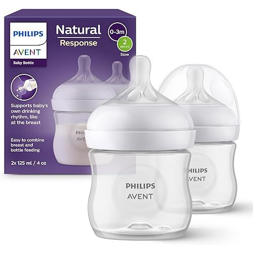 Philips Avent Natural Response Baby Bottles 4oz/125 ml with Slow Flow Teat (Flow 2), 2-Pack, SCY900/02