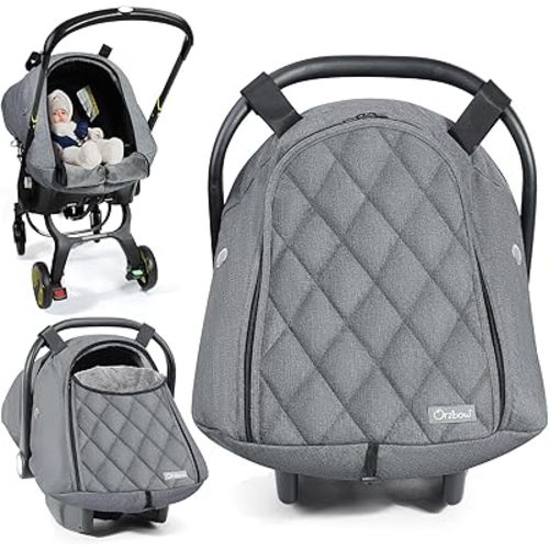Orzbow Winter Baby Car Seat Cover with Front Zipper Door, Cold Weather Carseat Cover Canopy, Side Breathable, Rain, Snow and Wind Proof Car Seat Carrier Canopy Cover, Machine Washable, Light Grey