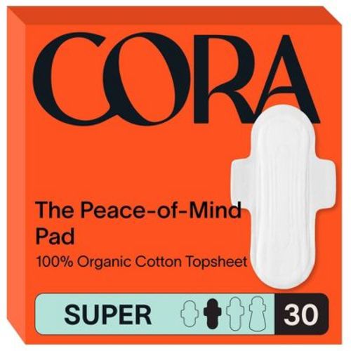Cora Organic Cotton Ultra Thin Fragrance Free Pads with Wings for Periods - Super Absorbency - 30ct