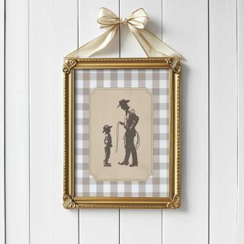 Cowboy Father Son Art, Western Cowboy Nursery Print, Neutral Beige Gingham Printable, Rustic Country Wall Poster, Western Family Home Decor