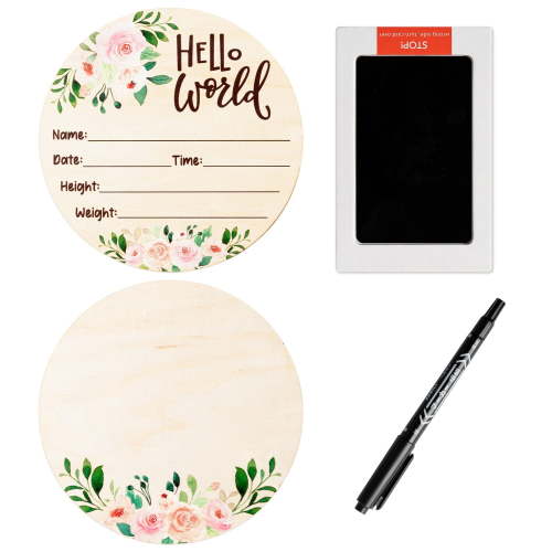 MALLMALL6 3Pcs Baby Shower Wooden Tag with Footprint Pad Set Watercolor Flower Round Birth Announcement Sign Log Color Newborn Nursery Birth Plaque