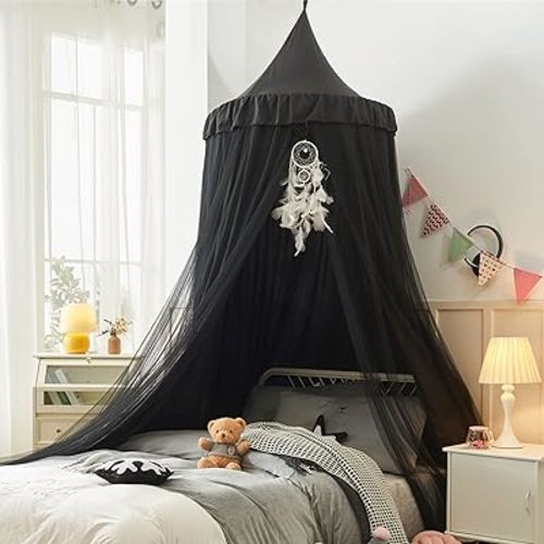 VETHIN Bed Canopy for Girls,Princess Round Dome Dreamy Mosquito Net Bedding Girls Room Castle Play Tent Hanging House Decor Reading Nook Canopies (Black/Black)