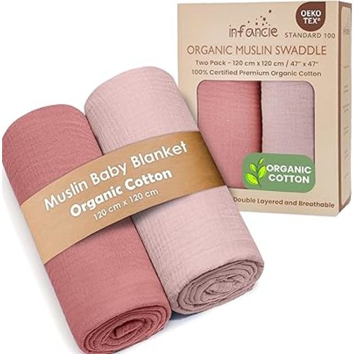 Organic Cotton Muslin Baby Blanket - 47x47 Inch Breathable Swaddle, Hypoallergenic Double-Layer, Versatile Use (Rose/Peach)
