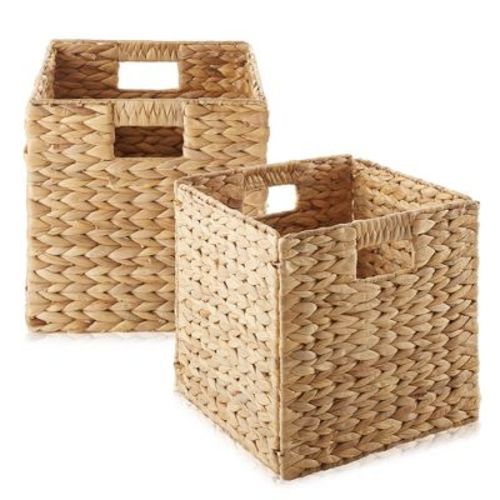 Casafield 10.5" x 10.5" Water Hyacinth Storage Baskets, Natural - Set of 4 Collapsible Cubes, Woven Bin Organizers for Bathroom, Bedroom, Laundry