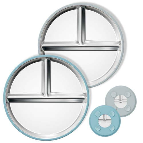 Askmuse Stainless Steel Baby Plate with Suction: Toddler Plate with Removable Silicone Sleeves, Food Grade Stainless Steel Kids Plate 220℃, Blue, Gray