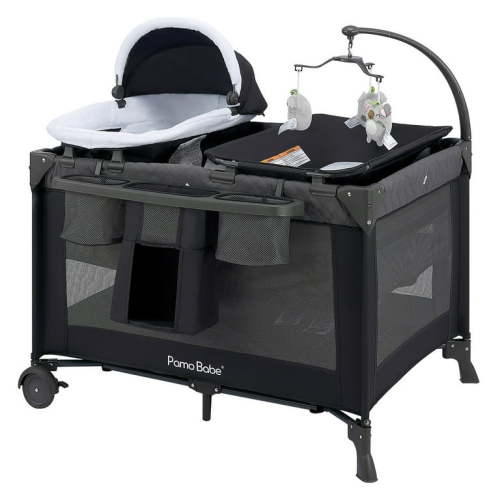 Pamo Babe Unisex Nursery Center Playard with Bassinet & Changing Table for Newborn,Grey