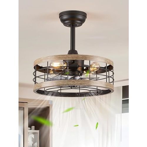 LEDIARY 16.5in Caged Ceiling Fan with Light, Fandelier Industrial Ceiling Fan with Remote, Rustic Metal Fan Lights Ceiling Fixtures for Kitchen, Farmhouse, Bedroom(6 Speed,1/2/4/8h Timing)-Brown