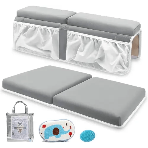 Bath Kneeler and Elbow Rest Set Baby Bath Kneeling Pad, Thick Non-Slip Bathing Kneeling Mat Cushion Quick Drying Bathtub Knee Saver with Arm Support and Pockets for Bathroom Bathing time Comfort, Gray
