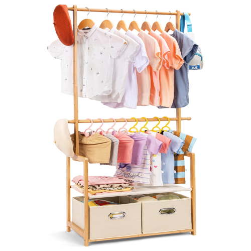 Enogets Kids Clothing Rack with Storage Box, Bamboo Kids Garment Rack with Hanging Rod and Side Hooks, Small Clothes Organizer for Bedroom，Natural