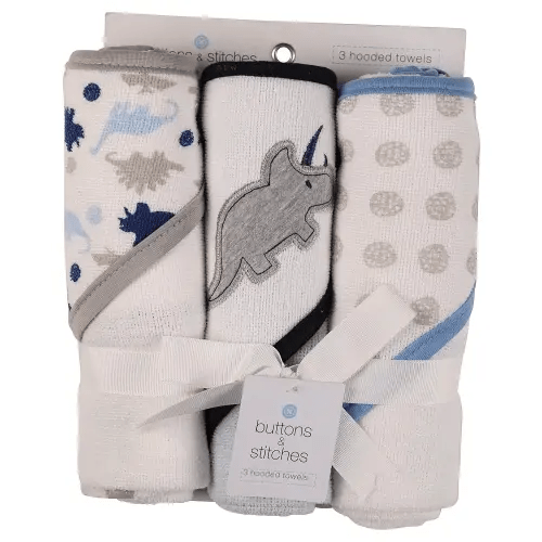 Cudlie Buttons and Stitches Baby Boys 3 Pack Infant Hooded Towel, Triceratops Prints (GS71365)