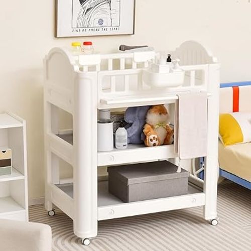 Costzon Baby Changing Table, Infant Diaper Changing Station w/Latex Mattress Pad & Pillow, Storage Shelves & Boxes, Mobile Nursery Organizer for Newborn, Portable Changing Table with Wheels (White)