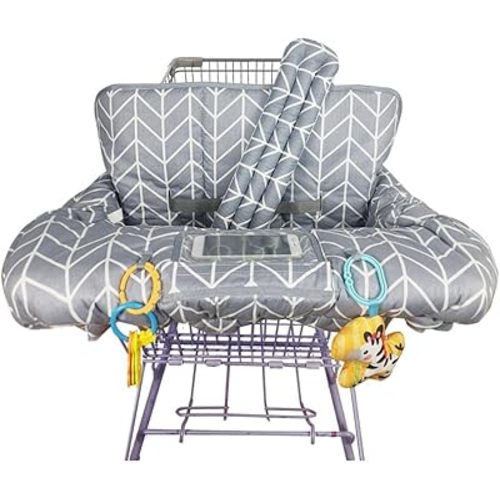 ICOPUCA Shopping Cart Cover for Baby, 2 in 1 cart Cover for Babies N high Chair Cover, Padded Grocery cart seat Cover for Baby Girl boy, with 1” Thick/Removable/Reversible Cushion, Grey;