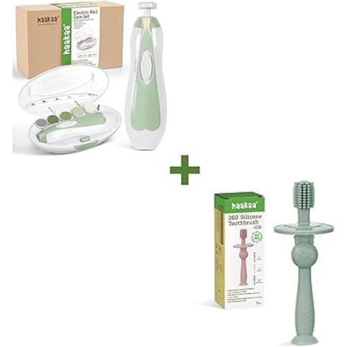haakaa 360° Baby Toothbrush with Suction Base & haakaa Baby Nail Trimmer Electric Nail File Kit Manicure Set, 6 Grinding Heads and LED Light, Green