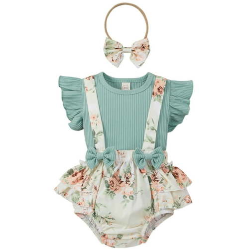 3PCS Newborn Baby Girl Clothes Knit Top T-shirt Suspender Bottoms Floral Pants Outfit