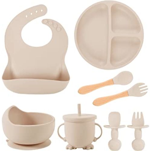 8 Pack Silicone Baby Feeding Set, BPA Free Baby Led Weaning Supplies Includes Baby Divided Suction Plate, Suction Bowls, Adjustable Bibs, Cup with Straw, 2 Spoons, 2 Forks Toddler Eating Set (Beige)