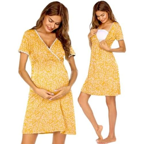 Ekouaer Nursing Nightgown Delivery and Labor Gown for Hospital Short Sleeve Maternity Breastfeeding Dress