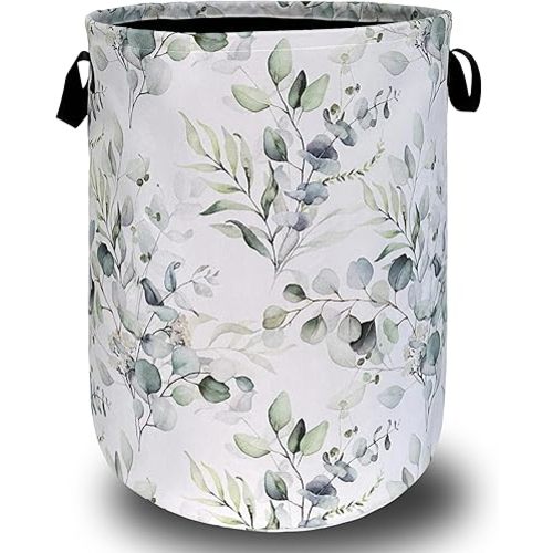 Watercolor Green Leaves Branches Laundry Hamper With Handles Foldable Oxford Cloth Tote Bag Colorful Laundry Basket Clothes Toy Storage Bucket 18.9" x 16.5" For Bathroom/Laundry/Bedroom