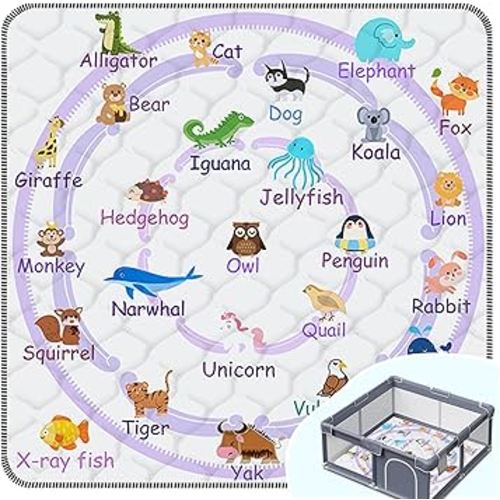 Baby Play Mat，Thick Soft 47" X 47" Playpen mat, Non-Slip and Machine Washable Baby Play Mats for Floor，Crawling Mat for Babies, Toddlers & Infants to Play and Learn (Purple Animal)