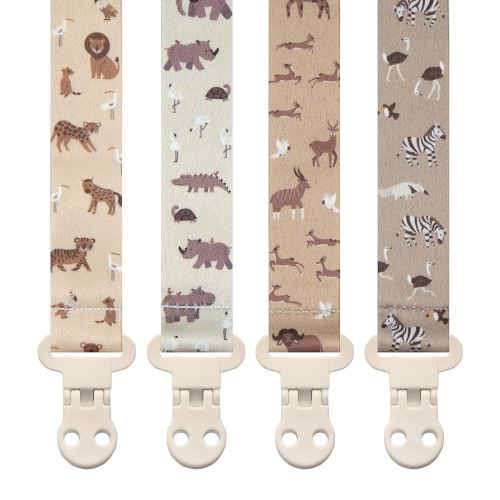 Baby Pacifier Clip Holder - Girl or Boy Unisex 4 Pack Gift Set – Boho Modern Neutral Animals Elephant Giraffe Zebra (Safari)