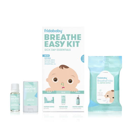 Frida Baby Breathe Easy Sick Day Essentials Kit with Vapor Rub, Drops, and Wipes for Kids Decongestant Relief, 3 Pieces