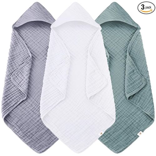 Sunny zzzZZ Muslin Hooded Baby Bath Towels - 3 Pack 100% Cotton Soft Low-Saturation Pastel Towels Including Classic White for Newborns, Infants, Toddlers - 32x32 Inch - Green, Grey and White