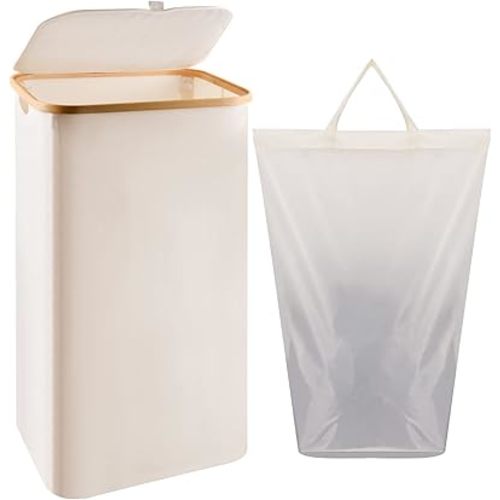 Large Laundry Basket with Lid - 100L Collapsible Laundry Hamper with Removable Bag, Waterproof Slim Laundry Basket with Handles, Tall Dirty Clothes Hamper for Bedroom Bathroom (Beige)