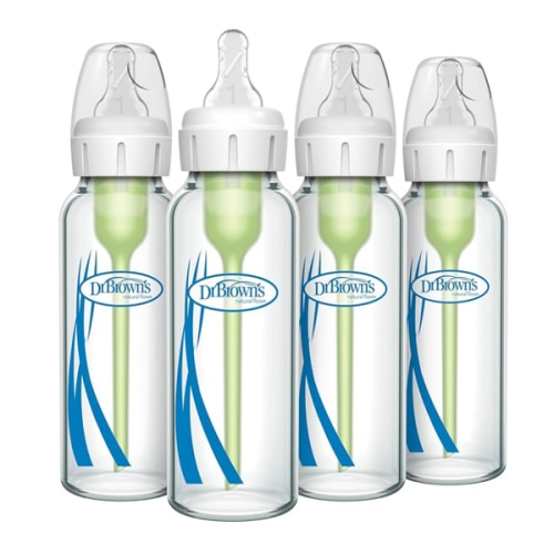 Dr. Brown's Natural Flow Anti-Colic Options+ Narrow Glass Baby Bottle 8 oz/250 mL, with Level 1 Slow Flow Nipple, 4 Pack, 0m+