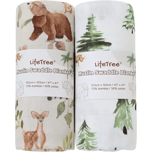 LifeTree Muslin Swaddle Blankets Neutral, Woodland Baby Swaddling Wrap Nursery Receiving Blanket for Boys & Girls Unisex, Soft 70% Viscose from Bamboo and 30% Cotton, Large 47 x 47 inches