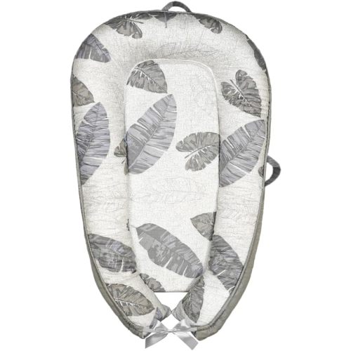 Baby Lounger for Newborn 0-24 Months – Soft & Breathable Infant Nest, Co-Sleeping Pillow, Adjustable Cotton Floor Seat, Newborn Essentials Gift (Grey White Leaves)