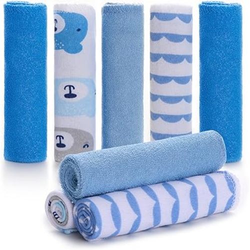 Baby Washcloths, Momcozy Ultra Soft Absorbent Towel, 8pcs Newborn Bath Face Towel, Natural Reusable Baby Wipes for Sensitive Skin, Baby Registry as Shower, 10"x10" (Blue)