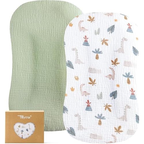 TILLYOU Muslin Baby Lounger Cover, 100% Cotton Newborn Lounger Cover, 2 Pack Baby Nest Slipcover for Boys Girls, Cover Only, Dinosaur