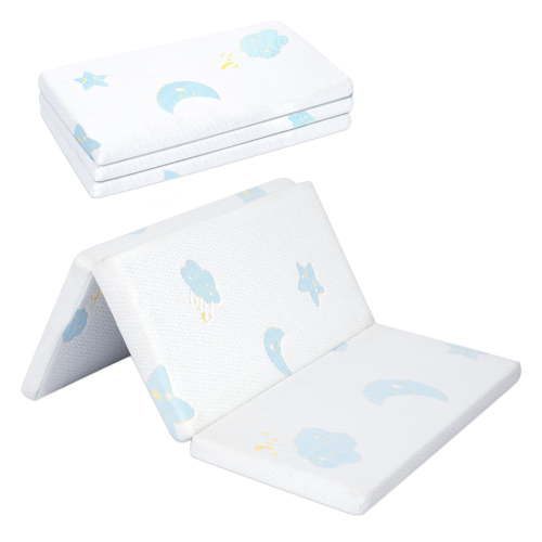 Pack and Play Mattress Pad，Trifold Portable Crib Pack N Play Mattresses,38 * 26" Inch Jacquard Playpen Mattress for Travel Soft Breathable Play Yard Mattress with Washable Cover (Moon/Star-Trifold)