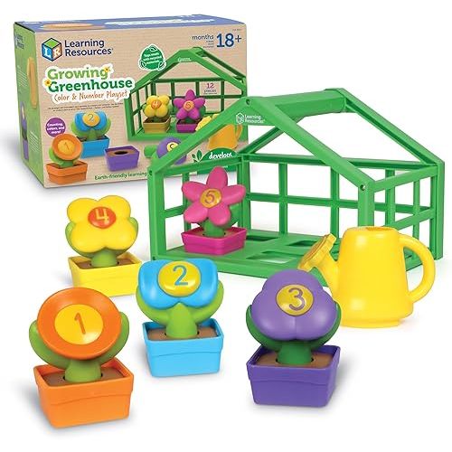 Learning Resources Growing Greenhouse Color & Number Playset, Preschool Learning Activities, Montessori Toys, Easter Toys, Ages 18 Month+, 12 Pieces